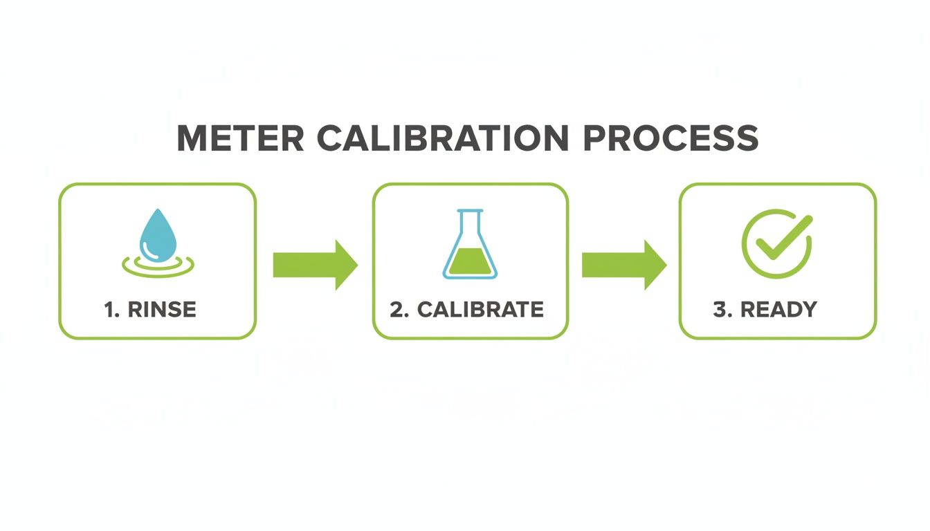 A three-step meter calibration process flow: rinse, calibrate, and ready, indicated by icons and arrows.