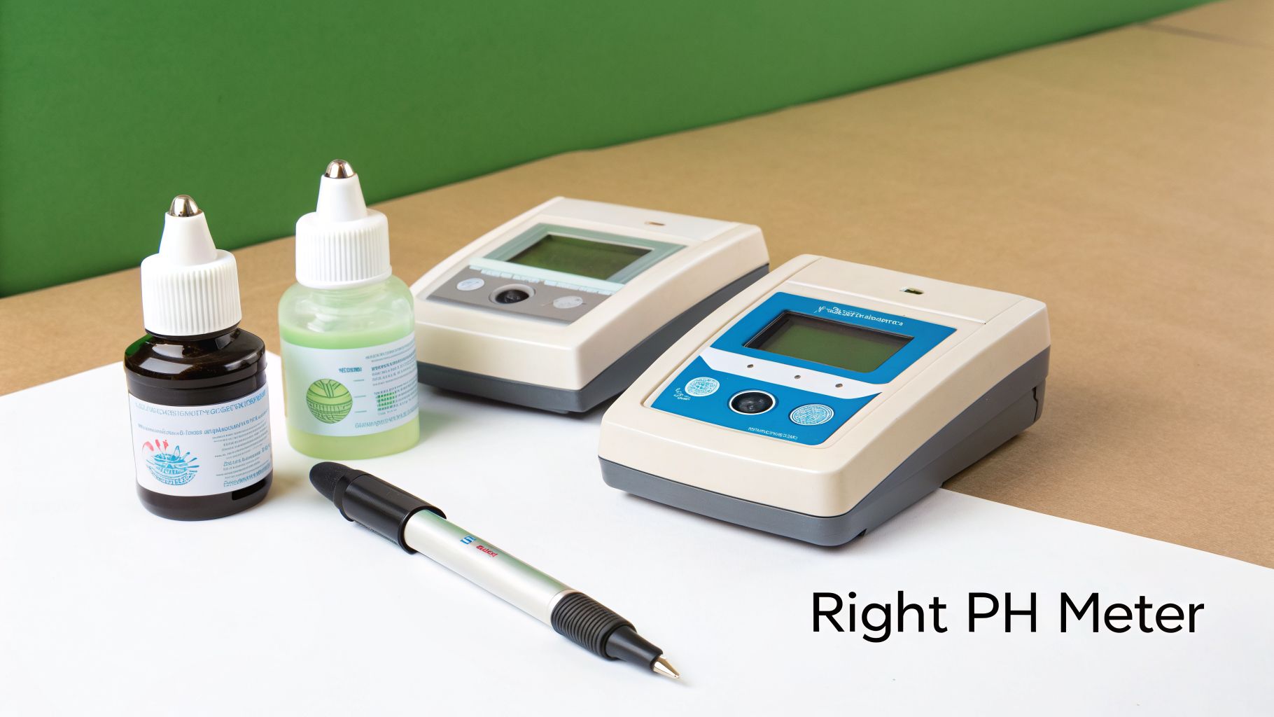Two digital pH meters, calibration solutions, and a pen on a white surface with a green background.