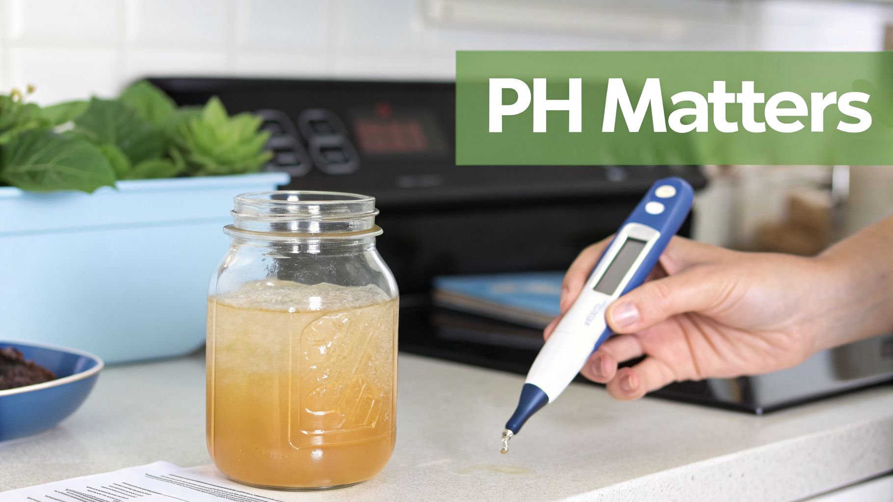 A hand holds a digital pH meter next to a mason jar with a fermenting liquid on a counter.
