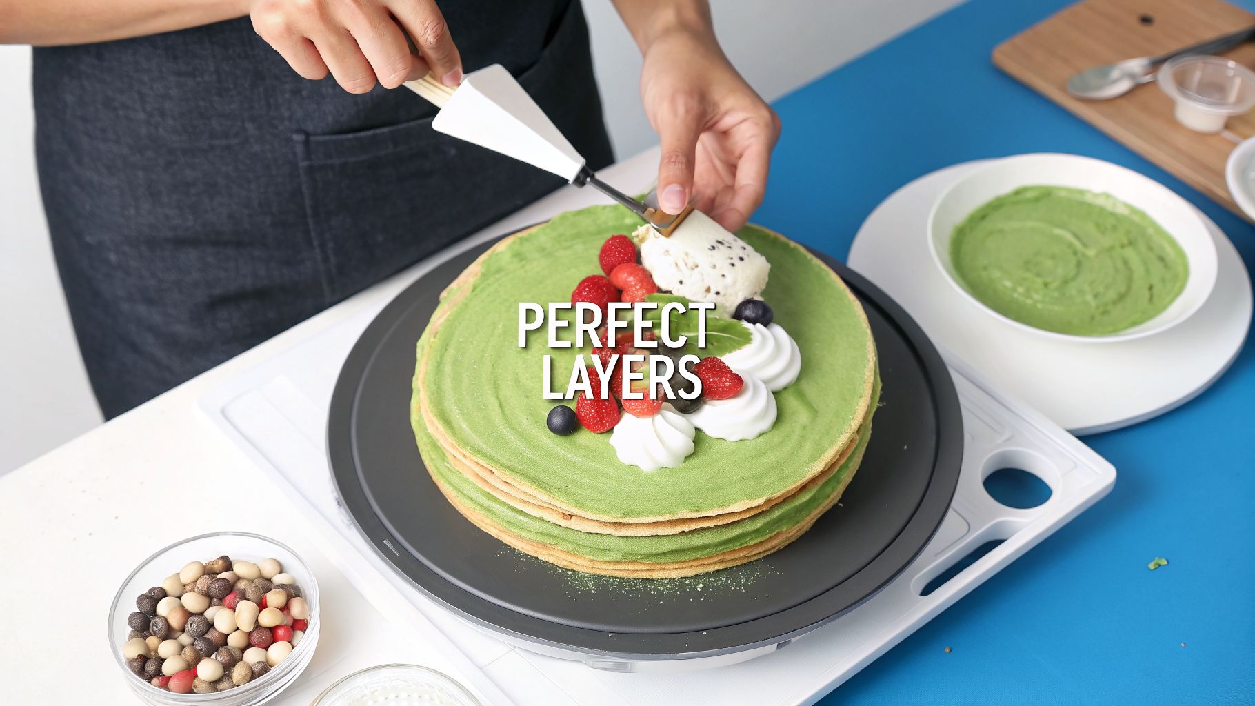 A person adds fresh berries and whipped cream to a beautifully layered matcha crepe cake.