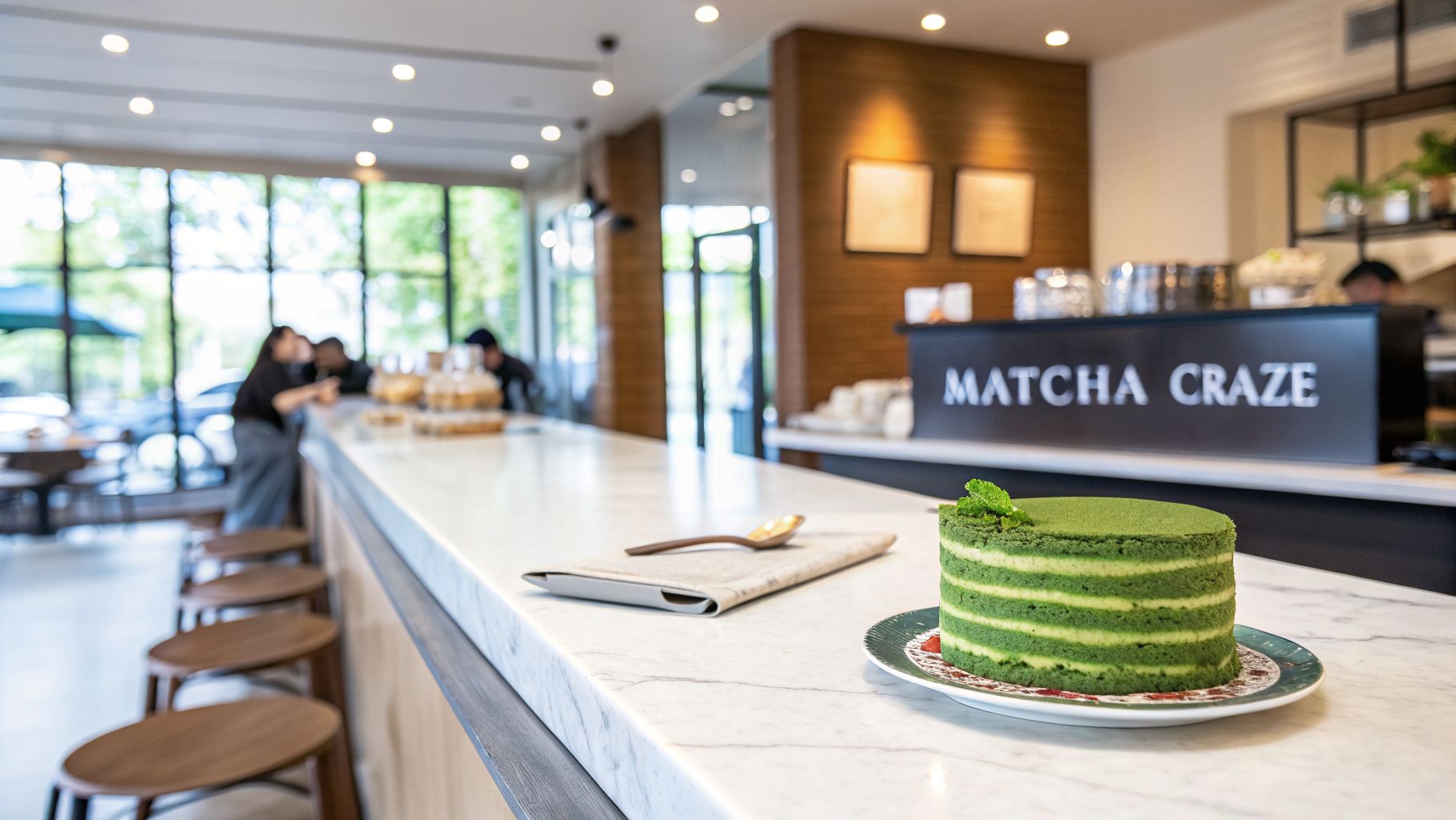 A vibrant green layered matcha cake on a marble counter in a modern cafe.