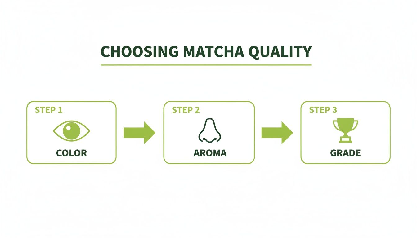 A flowchart explaining how to choose matcha quality based on color, aroma, and grade.