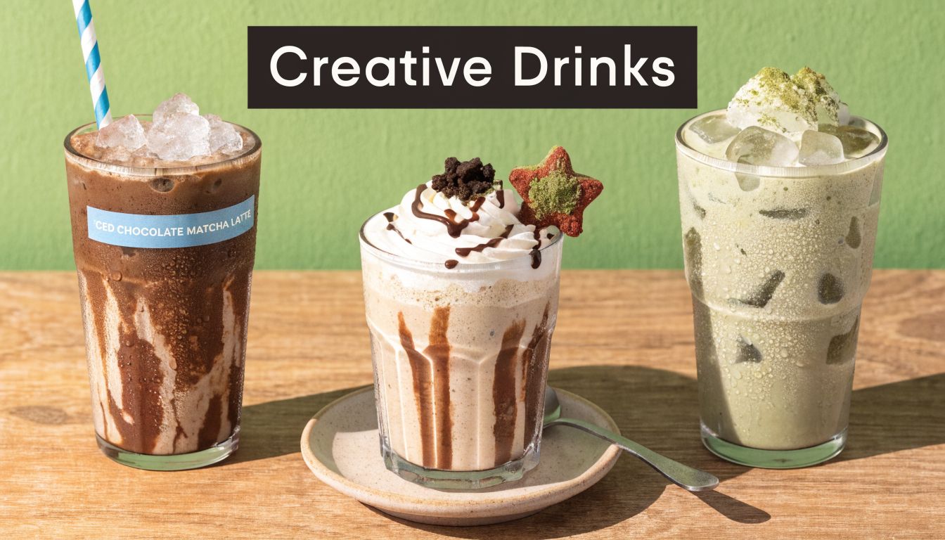 Three creative iced drinks including a chocolate matcha latte served on a wooden table outdoors.