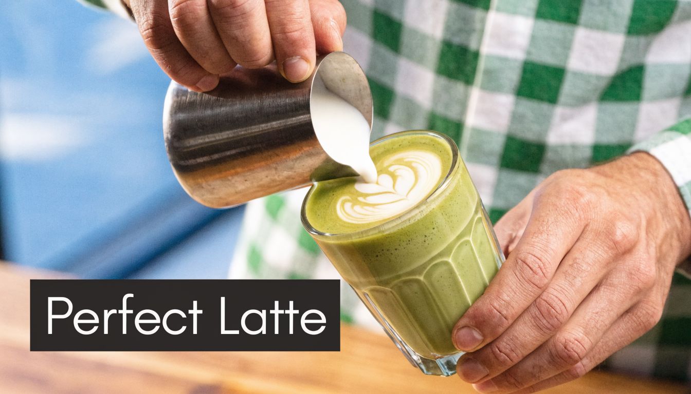 A barista pouring steamed milk into a green matcha latte to create a beautiful heart foam design.