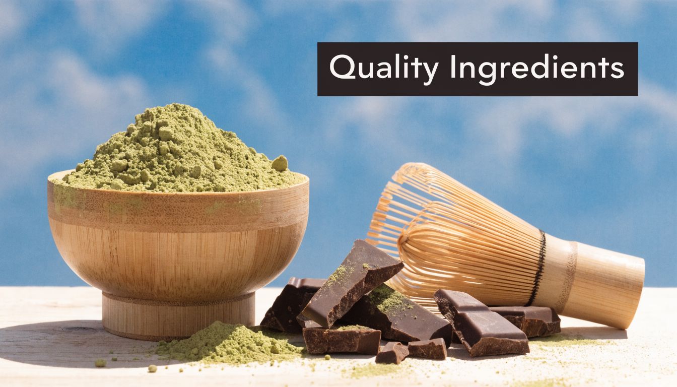 A wooden bowl filled with green matcha powder next to dark chocolate chunks and a bamboo whisk.