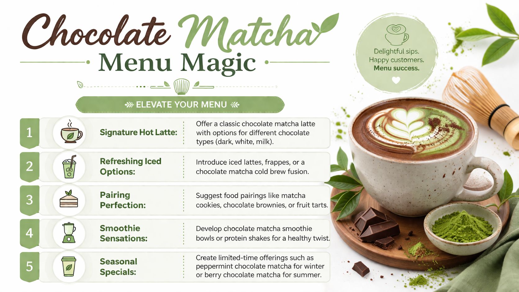 A creative infographic menu design titled Chocolate Matcha Menu Magic listing five innovative chocolate matcha drink ideas.