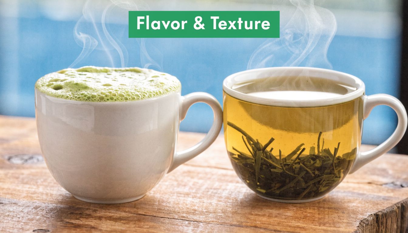 A cup of frothy matcha green tea next to a clear cup of brewed green tea leaves.