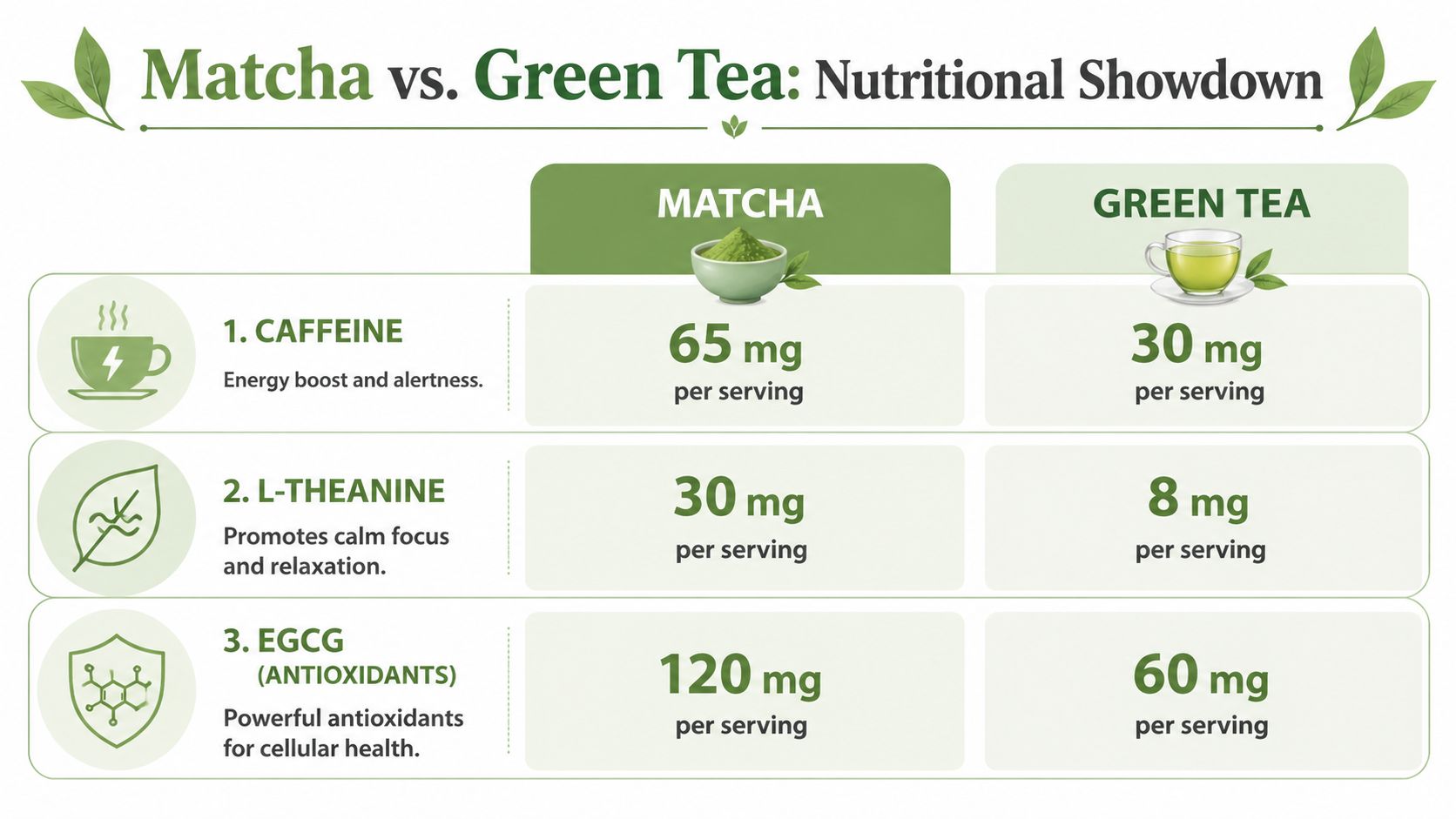 A comparison chart showing the nutritional differences in caffeine, L-theanine, and EGCG between matcha and green tea.