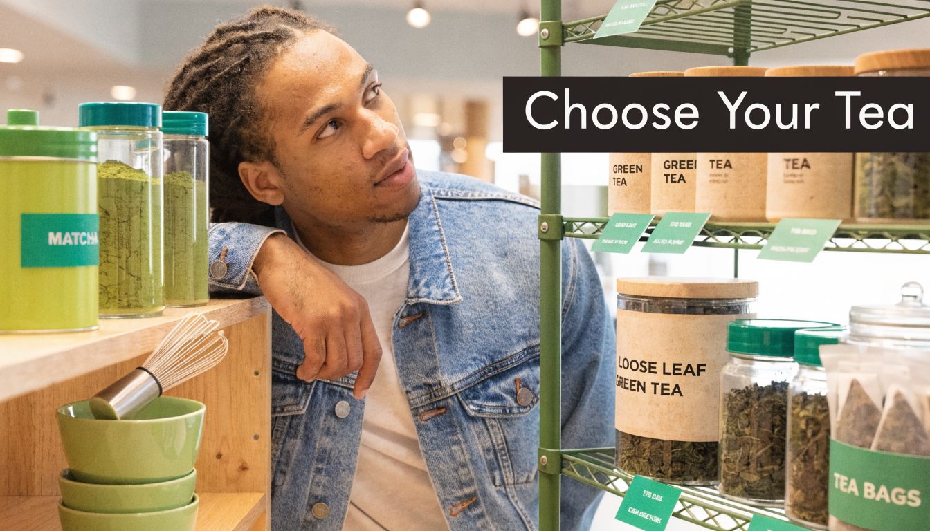 A young man with dreadlocks thoughtfully looking at various types of green tea on store shelves.