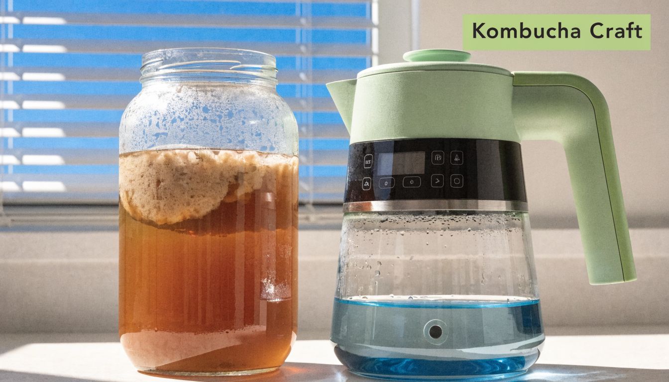 A glass jar with fermenting kombucha beside a modern green and glass electric tea kettle with controls.