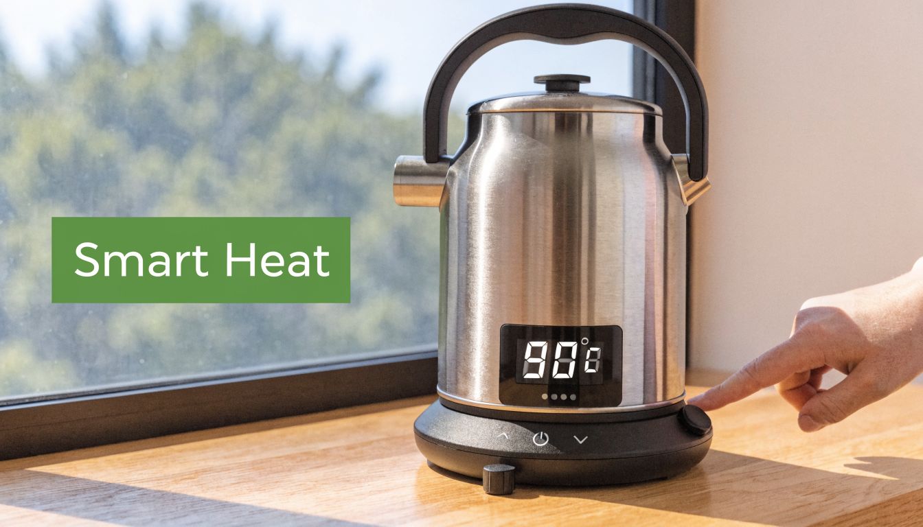 A person touching the base of a modern stainless steel electric tea kettle with temperature control settings.