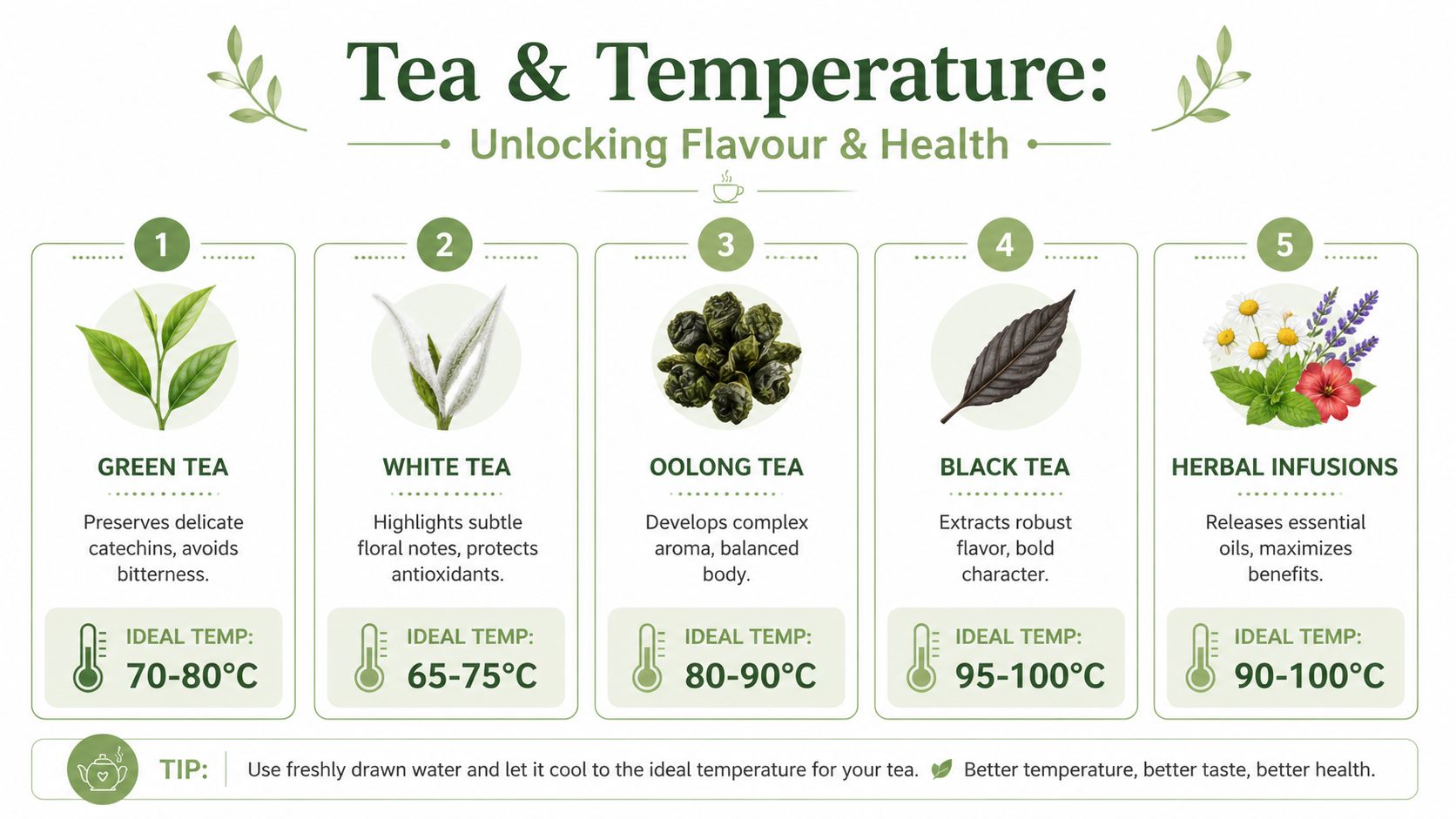 An infographic showing the ideal brewing temperatures for various types of tea including green, white, oolong, black, and herbal.