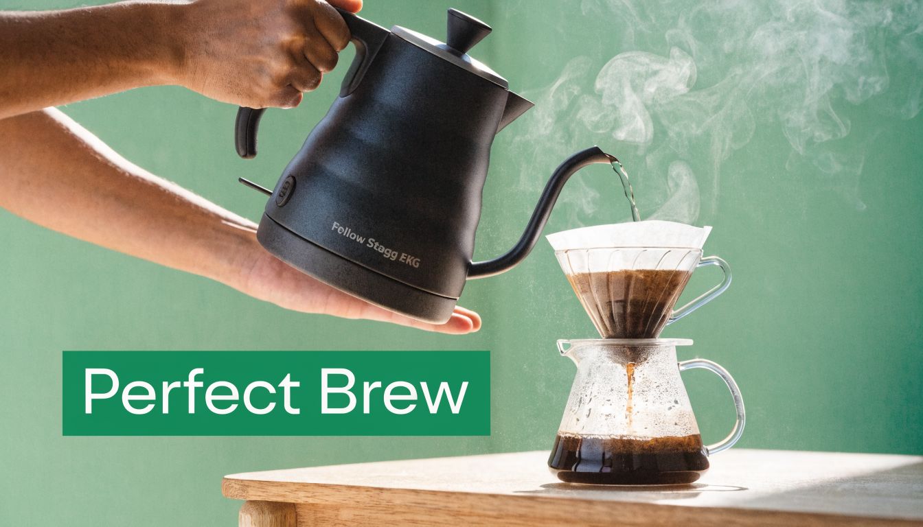 A person using a matte black Fellow Stagg EKG electric kettle to pour hot water over coffee grounds.