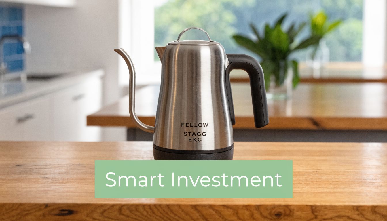 A sleek stainless steel Fellow Stagg EKG electric gooseneck kettle sits on a wooden kitchen countertop.