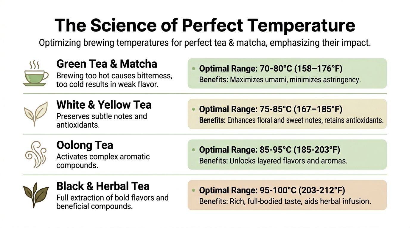A chart showing optimal water brewing temperatures in Celsius and Fahrenheit for various tea and matcha types.