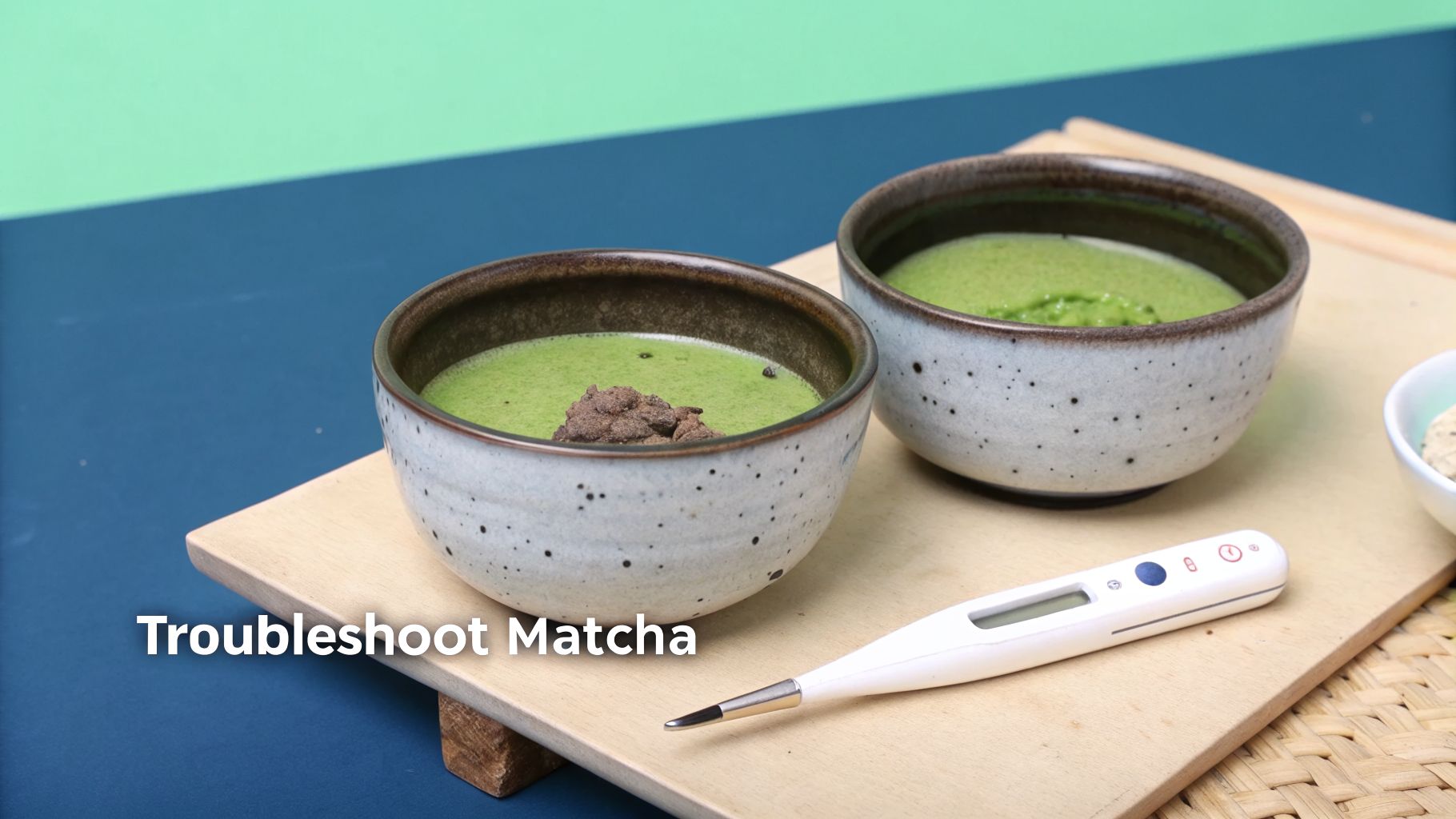 Green matcha tea in two speckled ceramic bowls, with a white digital thermometer on a wooden tray.