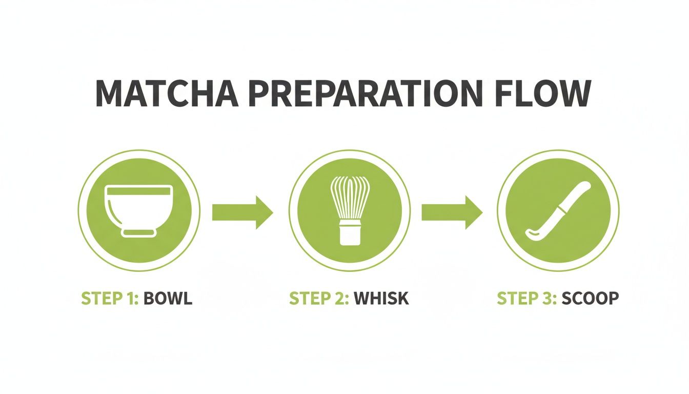 A diagram illustrating the three steps of matcha preparation: bowl, whisk, and scoop.
