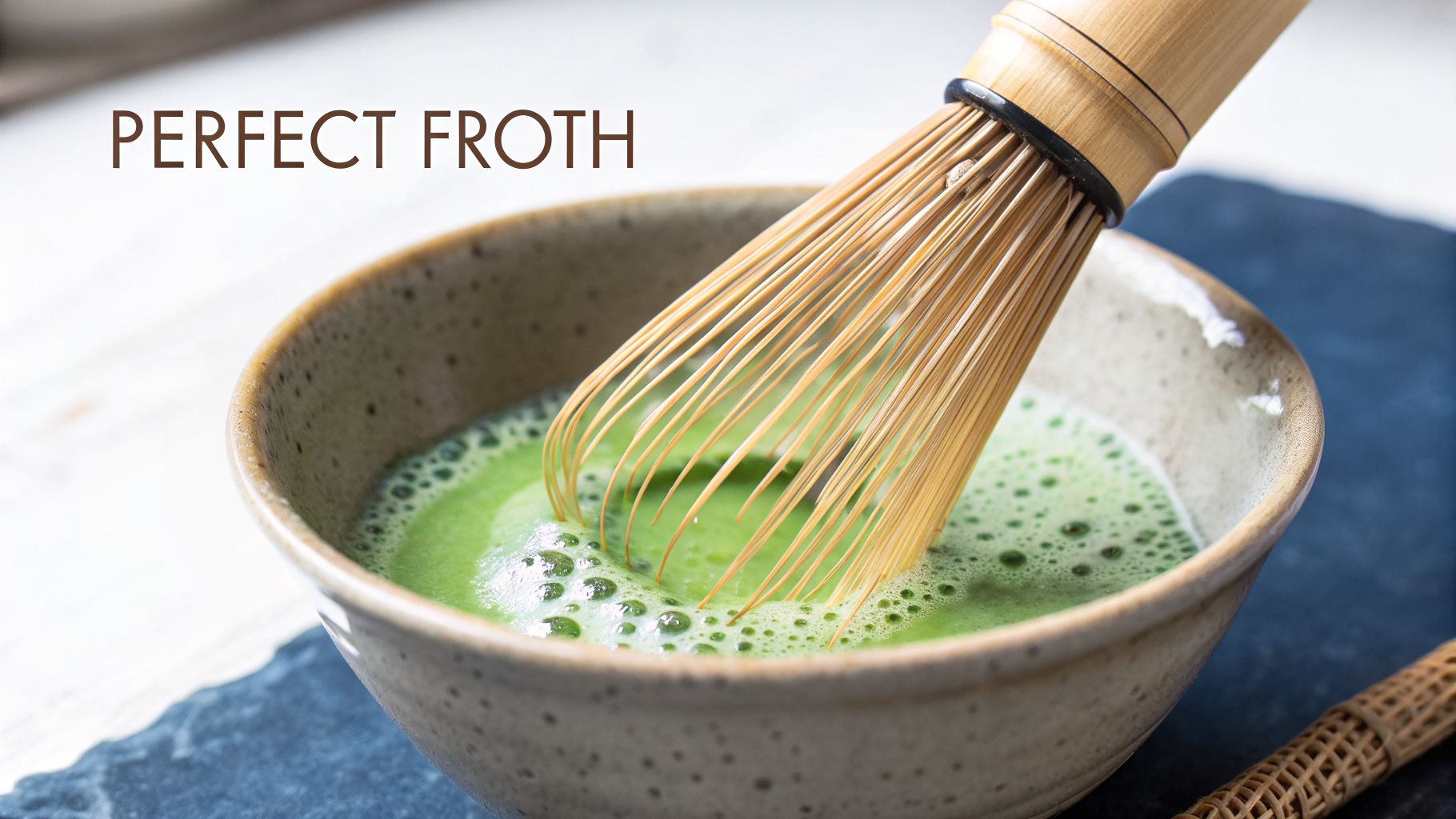 A bamboo whisk frothing vibrant green matcha tea in a ceramic bowl, achieving perfect froth.