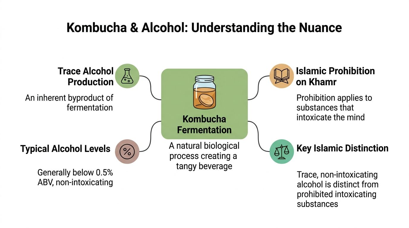 A diagram explaining the relationship between kombucha fermentation, trace alcohol production, and its status regarding Islamic dietary laws.