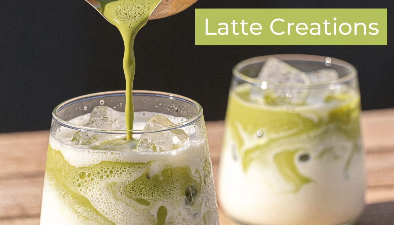 A close-up shot of vibrant green matcha tea being poured into a glass filled with ice cubes.