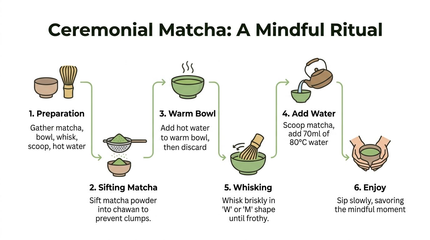 An infographic titled Ceremonial Matcha showing six steps for preparing and enjoying a traditional matcha tea ritual.