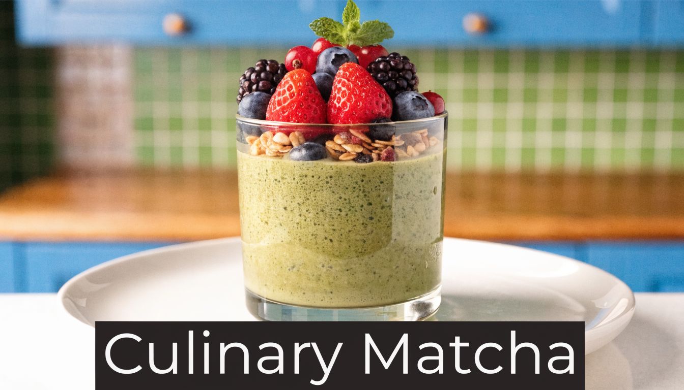 A glass cup filled with green matcha smoothie topped with fresh berries, granola, and mint leaves.