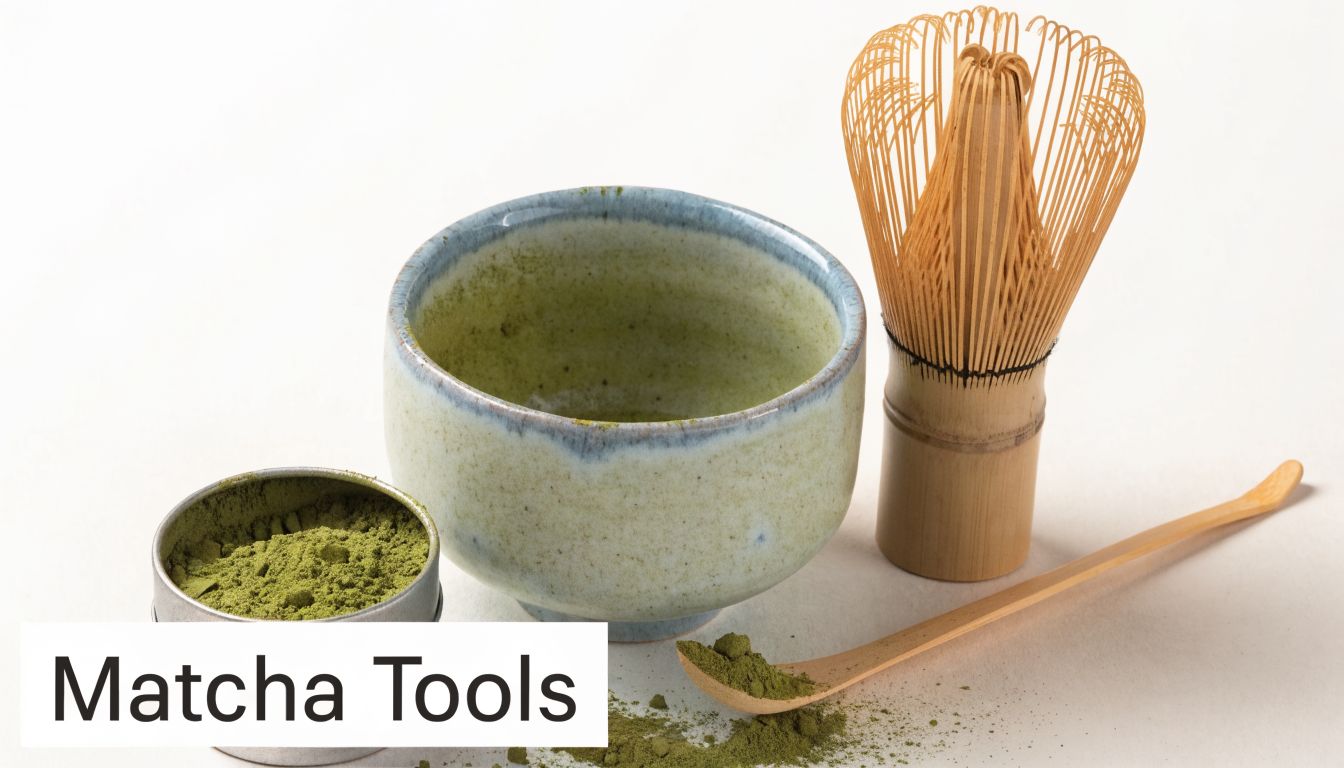 A Japanese matcha tea preparation set including a ceramic bowl, bamboo whisk, scoop, and powdered tea.