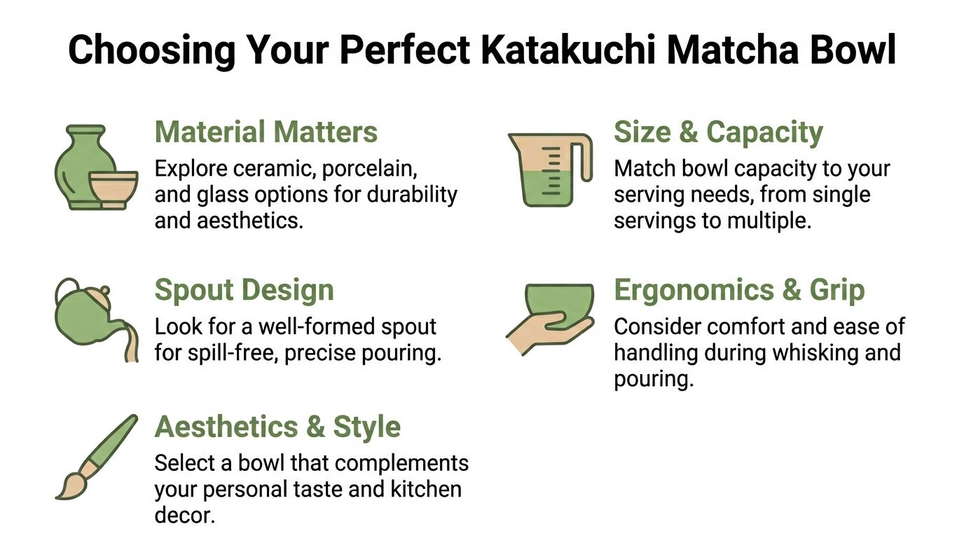 An infographic titled Choosing Your Perfect Katakuchi Matcha Bowl, outlining five key features for selecting a bowl.
