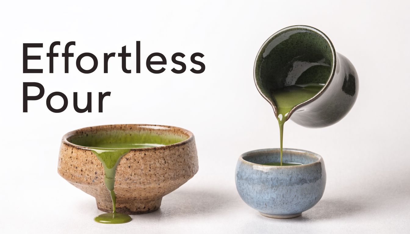 A ceramic bowl with a green matcha pour flowing over the side next to a pouring tea vessel.