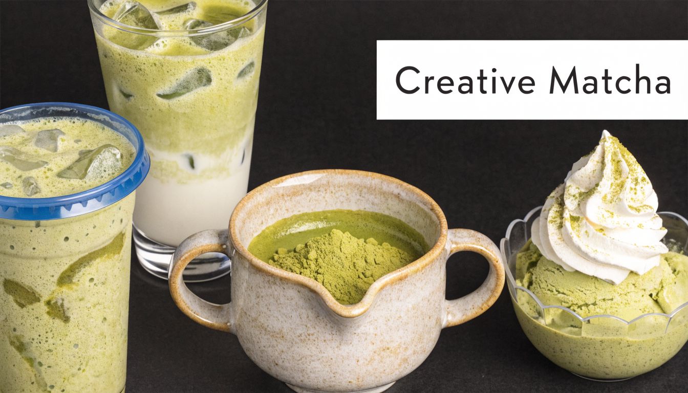 Various matcha-based drinks, a bowl of matcha powder, and green tea ice cream on a black background.