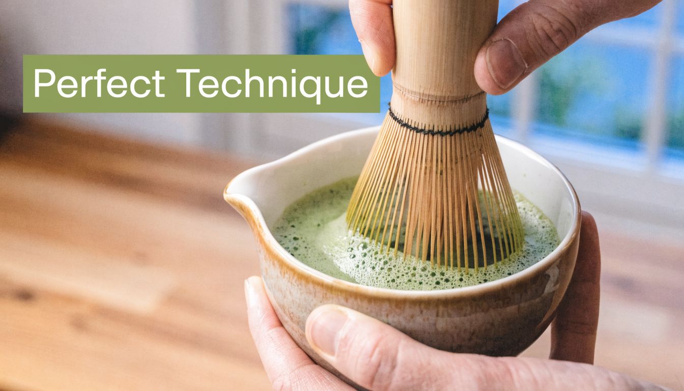 A pair of hands whisking green matcha tea in a ceramic bowl using a bamboo chasen whisk.