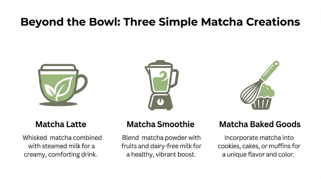 A minimalist graphic showcasing three simple ways to use matcha including lattes, smoothies, and baked goods.