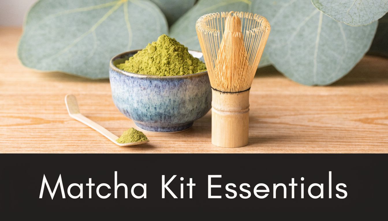 A ceramic bowl filled with green matcha powder next to a bamboo whisk and tea scoop.