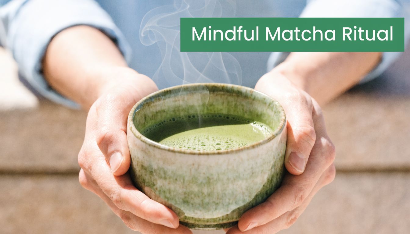 A close-up of a person holding a warm, steaming bowl of freshly whisked green matcha tea.