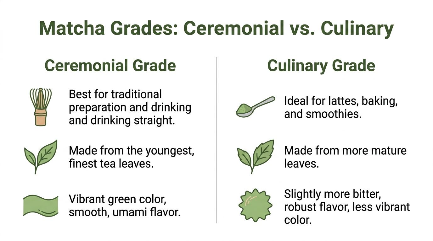 A comparison chart outlining the differences between ceremonial grade and culinary grade matcha powder tea.