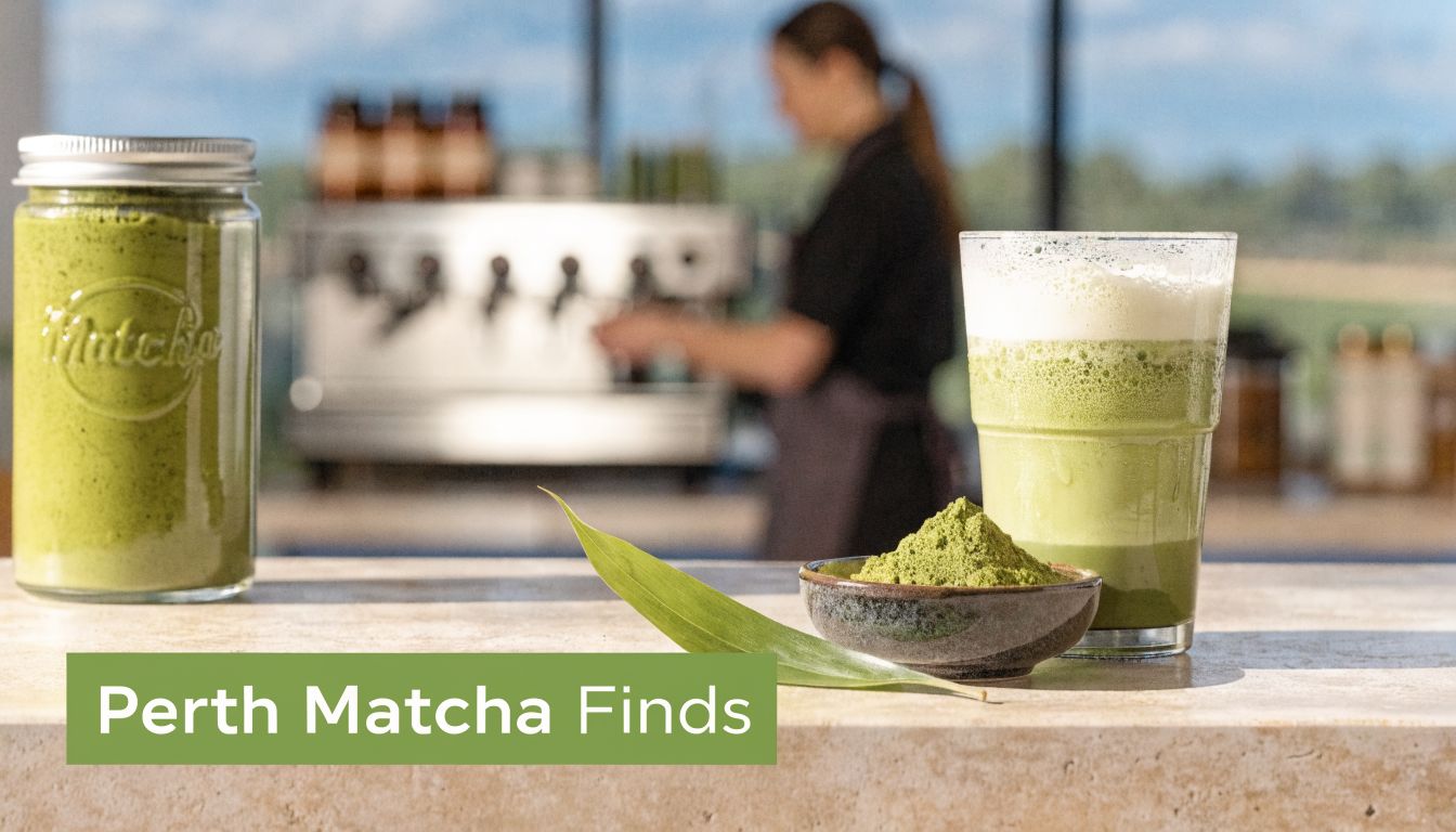 A glass of iced matcha latte next to a small bowl of green matcha powder and a jar.