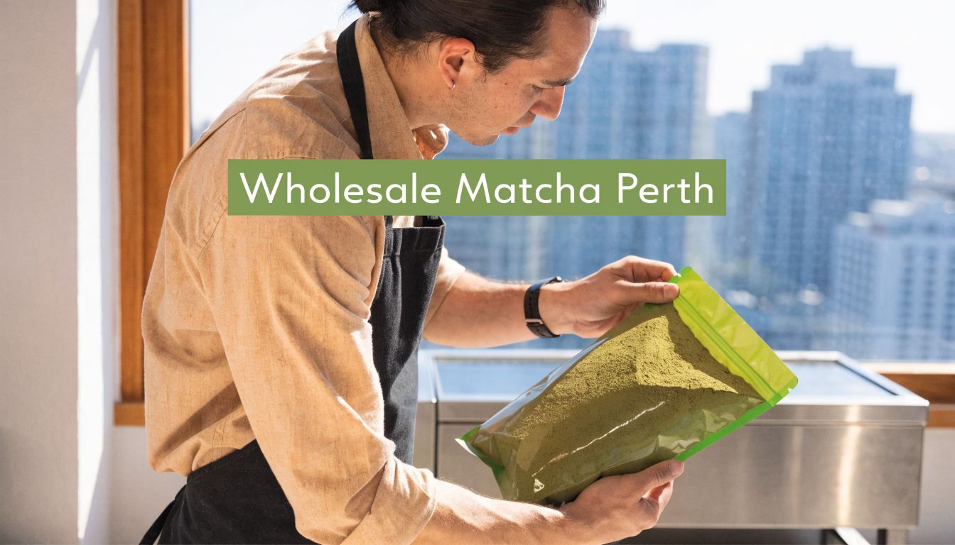 A professional barista in an apron inspecting a sealed package of green matcha powder in Perth.