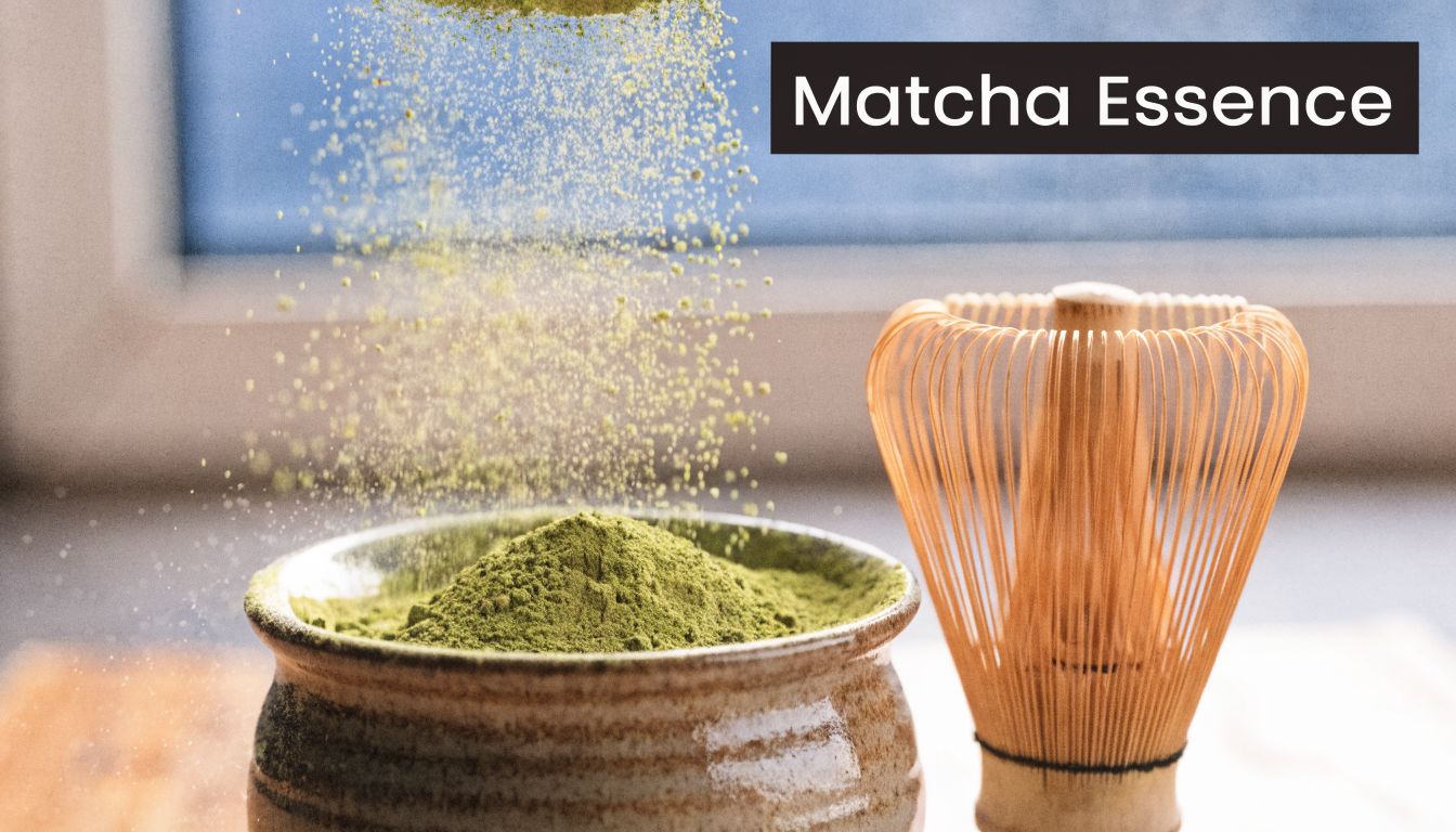 A ceramic bowl filled with green matcha powder beside a bamboo whisk for preparing tea.