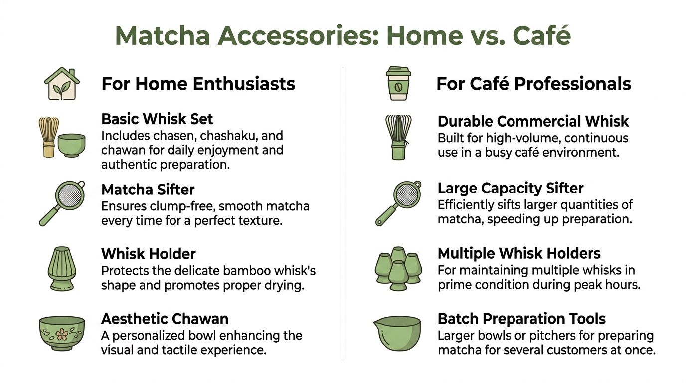 A comparison chart showing essential matcha tea accessories for home enthusiasts versus professional cafe settings.