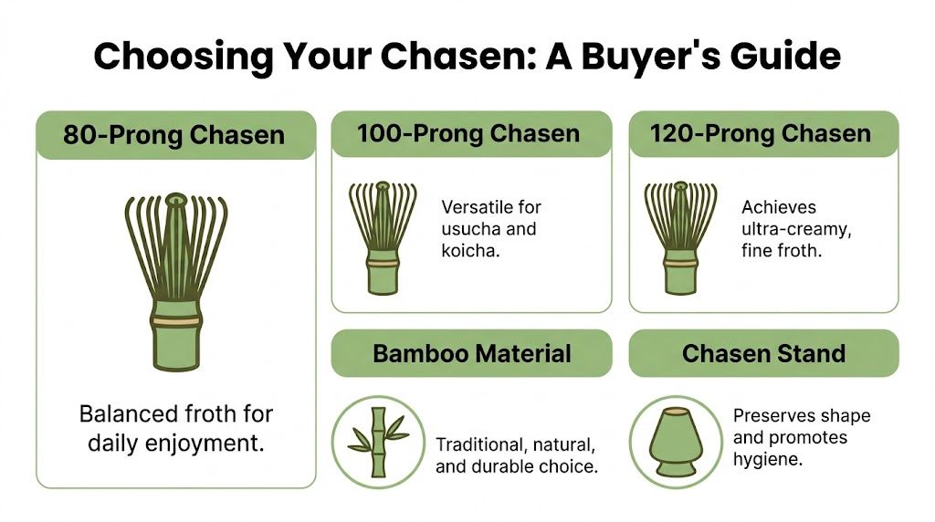 An infographic titled Choosing Your Chasen, showing different bamboo matcha whisk types and their specific benefits.