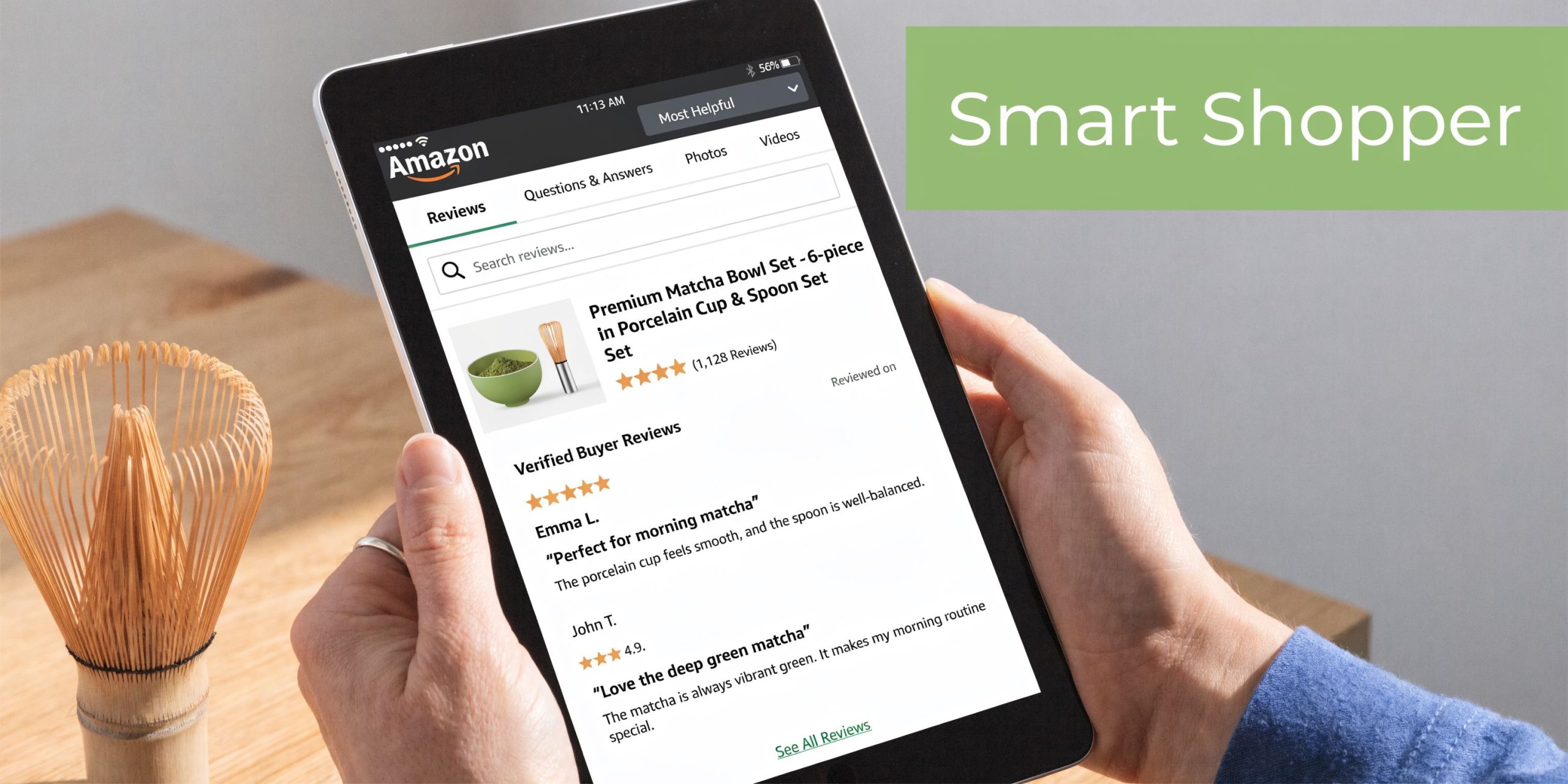 A person holding a tablet showing an Amazon product page for a matcha tea bowl set.