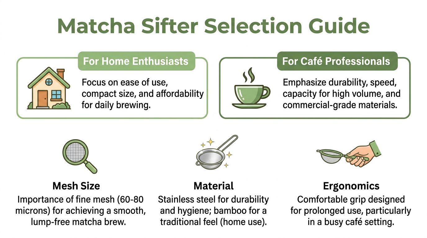 A helpful infographic guide detailing factors to consider when choosing a sifter for preparing matcha tea.