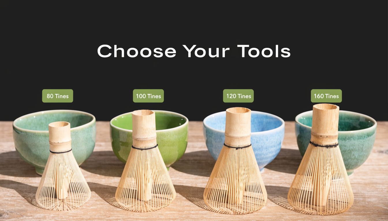 Four bamboo matcha tea whisks with varying tine counts arranged in front of colorful ceramic tea bowls.