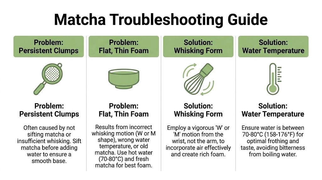 A troubleshooting guide explaining how to fix persistent clumps and flat foam when preparing matcha tea.