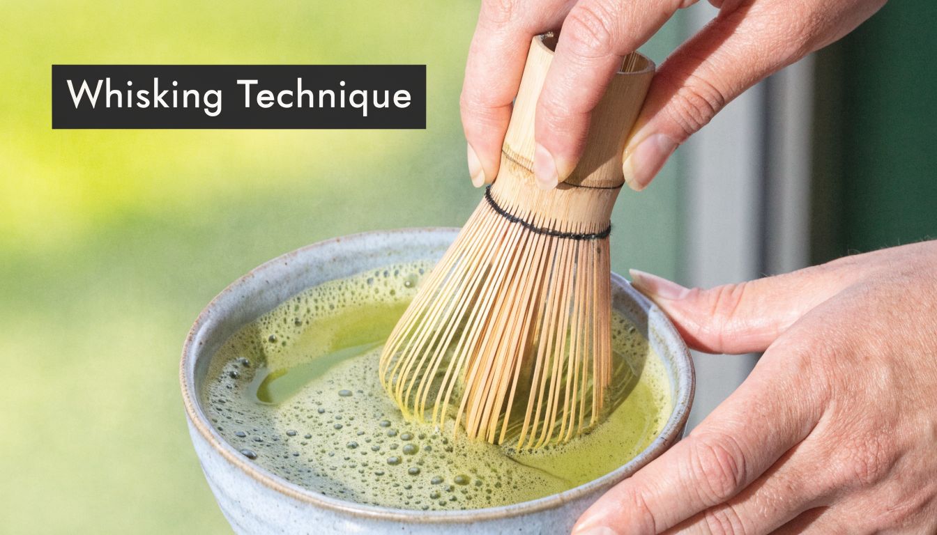 A close-up view of a person using a bamboo whisk to mix green matcha tea in a bowl.