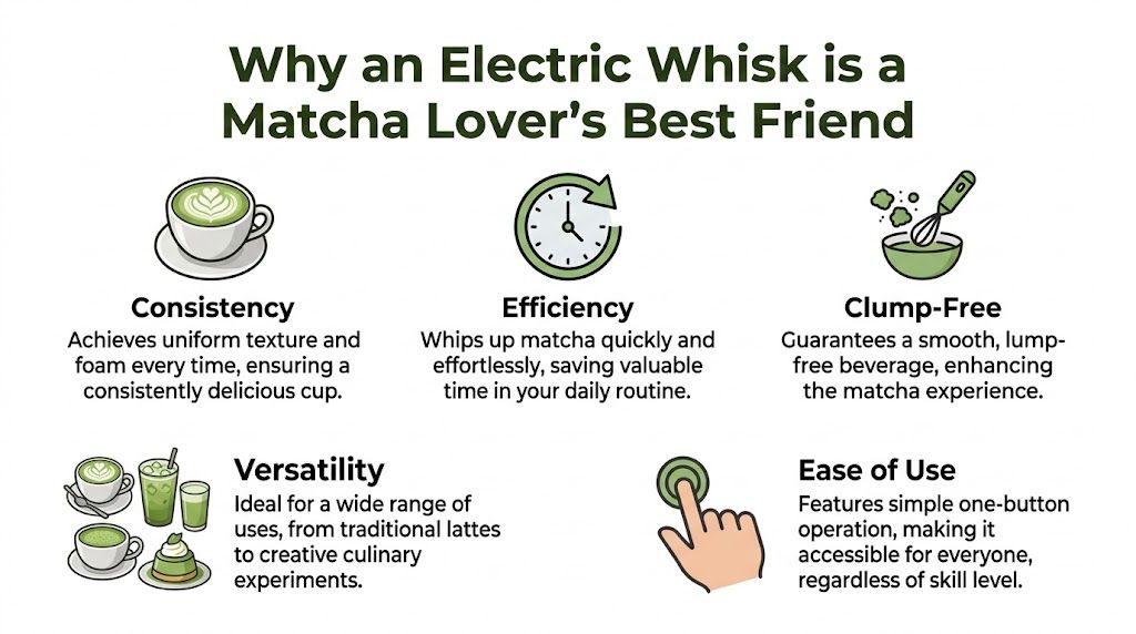 An infographic highlighting the benefits of using an electric whisk for preparing matcha beverages.