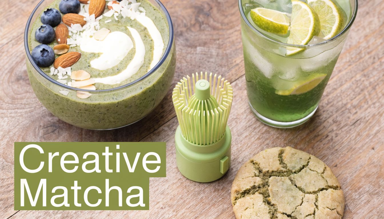 A healthy matcha smoothie bowl, a matcha drink with lime, an electric matcha whisk, and a cookie.