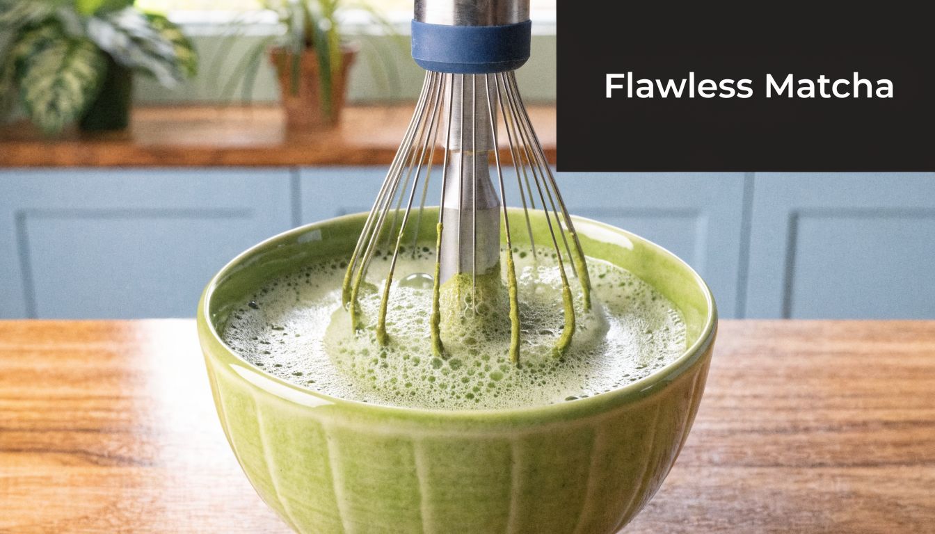 A handheld electric whisk blending a vibrant green matcha tea mixture in a ceramic bowl.