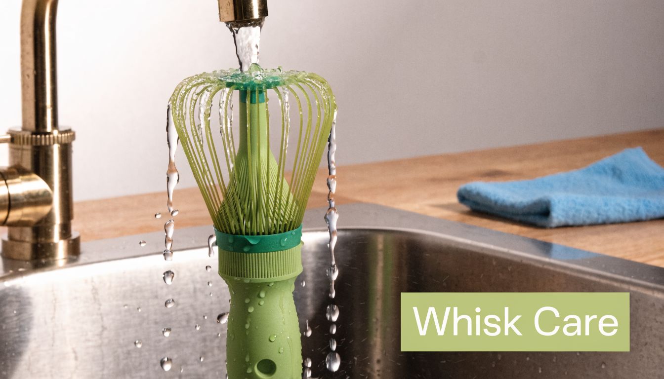 A green matcha whisk being rinsed under a kitchen faucet with water flowing over its wires.