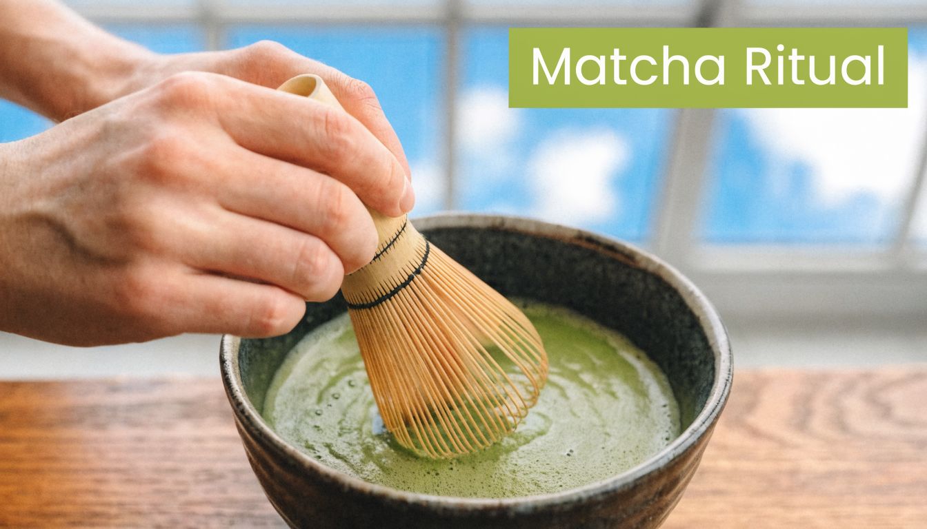 A person's hand using a traditional bamboo whisk to mix green matcha tea in a bowl.